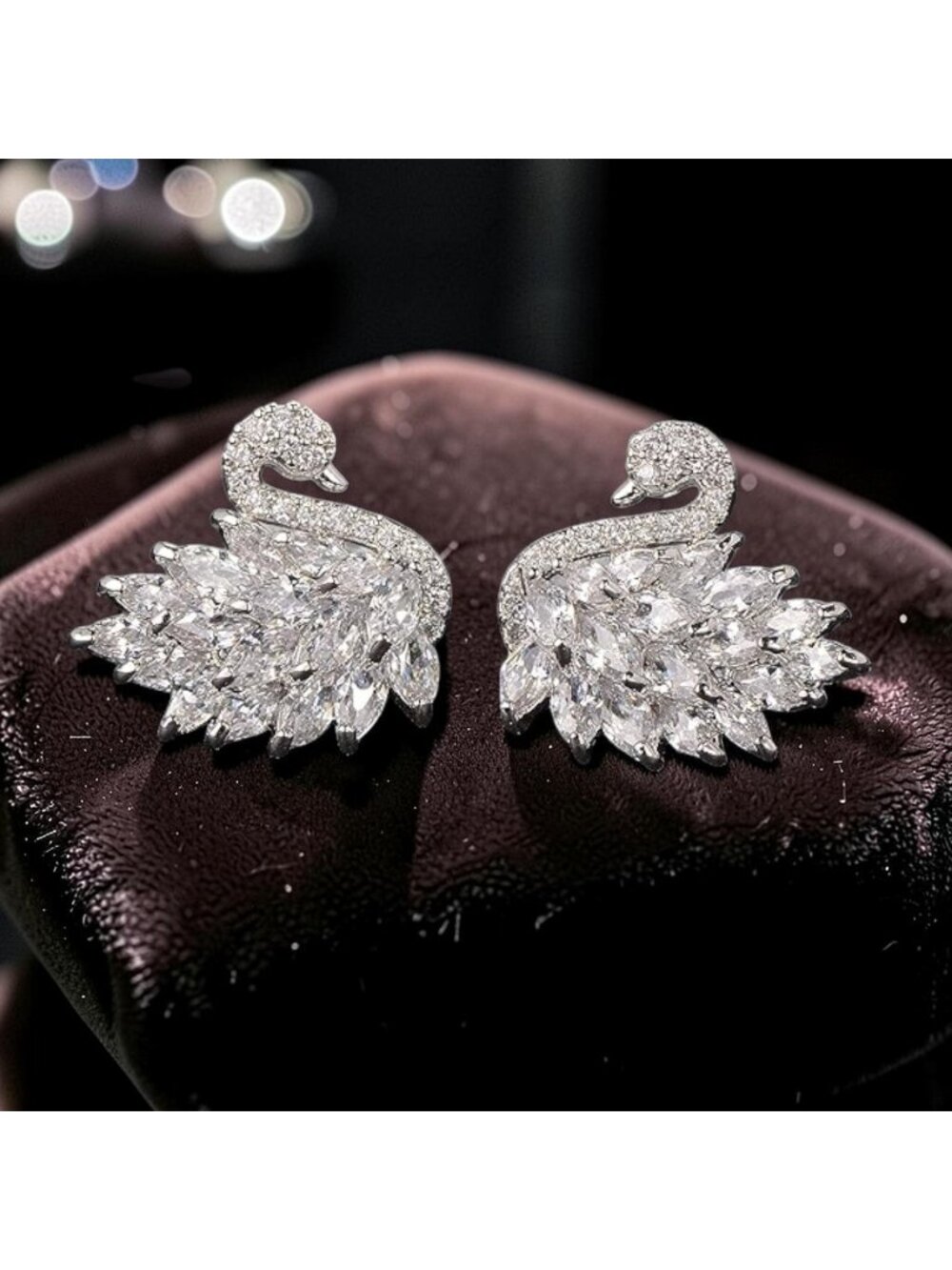 Elegant Swan Crystal Stud Earrings Silver Tone CZ Statement Jewelry NEW